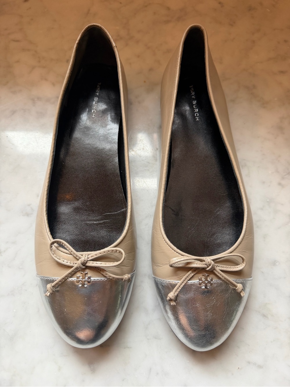 Tory Burch Beige Leather Ballet Flats with Silver Cap Toe and Bow
